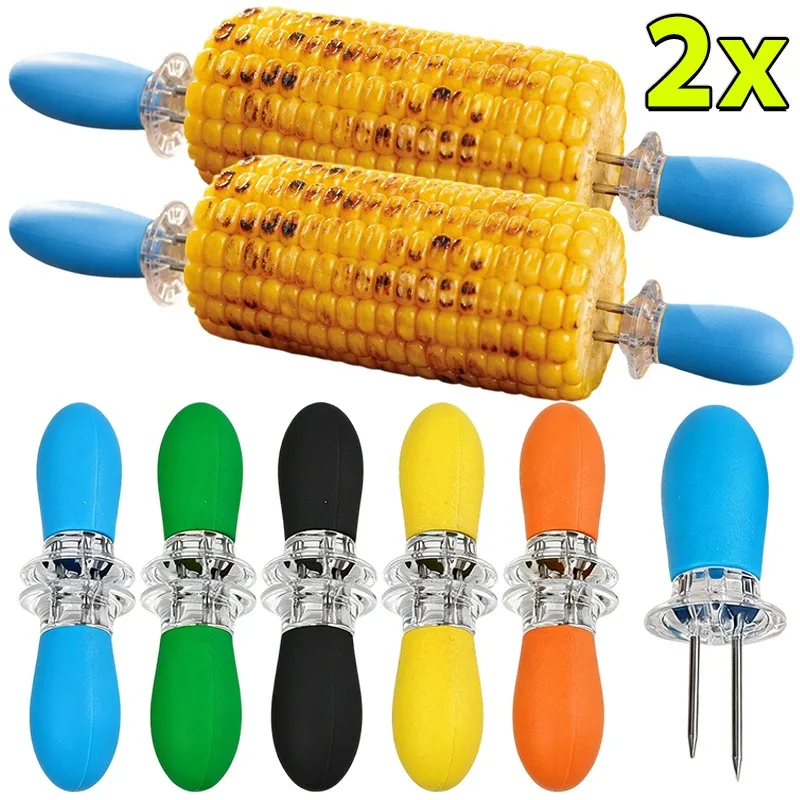 Interlocking Stainless Steel Corn Cob Holders with Ergonomic Non Slip Handle BBQ Skewers Fork for Party Kitchen Picnic Camping