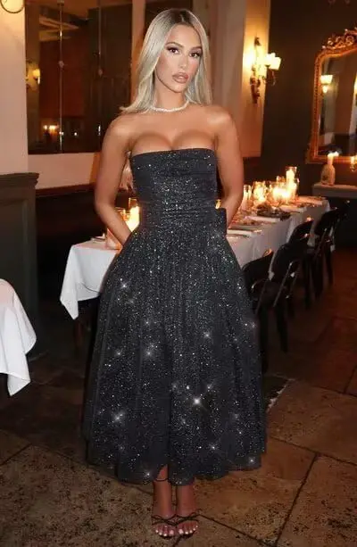 

Strapless Sleeveless Champagne Formal Evening Party Dress Ruched Bow Tie Cocktail Gown Women’s Glitter Tulle Prom Dresses