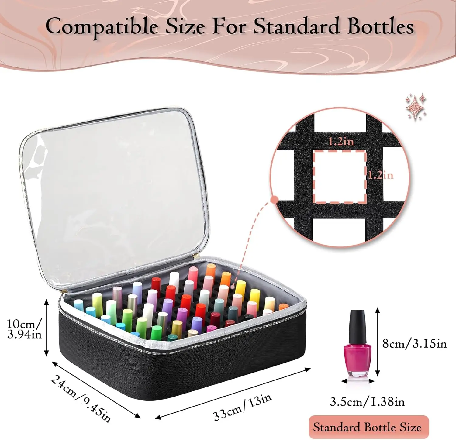 Duży organizer na lakiery do paznokci mieści ponad 96 butelek, lampę UV i narzędzia, etui podróżne z kieszeniami dla manicure.