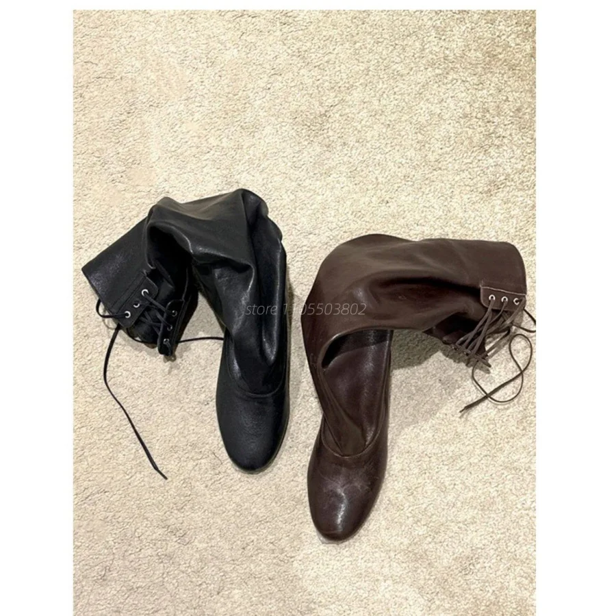 Women Black Brown Leather Ruched Knee High Boots Round Toe Lace Up Chunky High Heel Slouchy Stacked Boots Combat Western Boots view 4