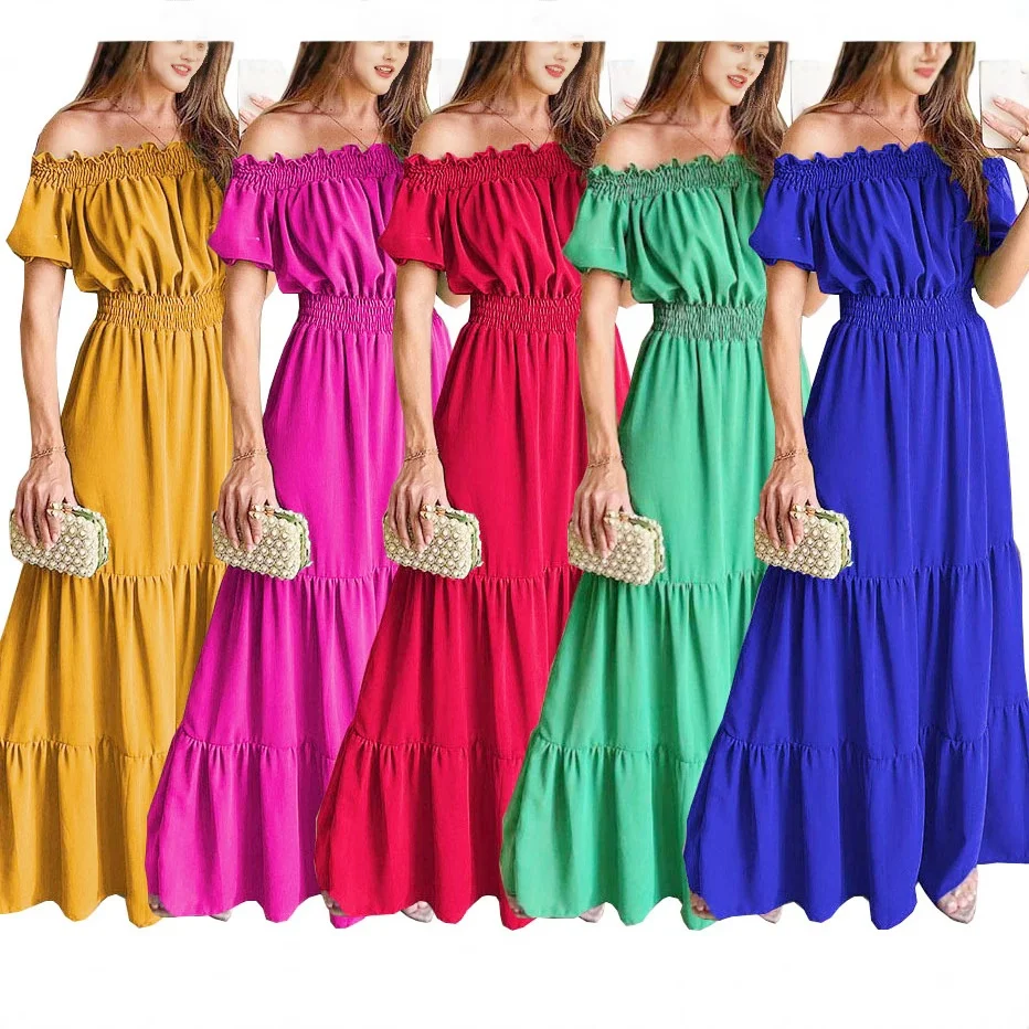 New Fashionable Leaf-Trimmed Strappy Off-Shoulder Bubble Ruffles Short Sleeve Maxi Dress Dresses