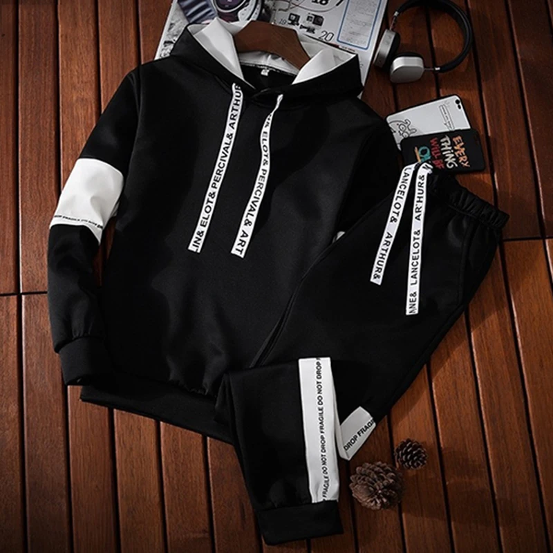 Men Tracksuit 2 Piece Set  Autumn Winter Pullover Hoodies Sweatshirt+Pants Suit Man Black White Set Tracksuit Men Luxury Clothes