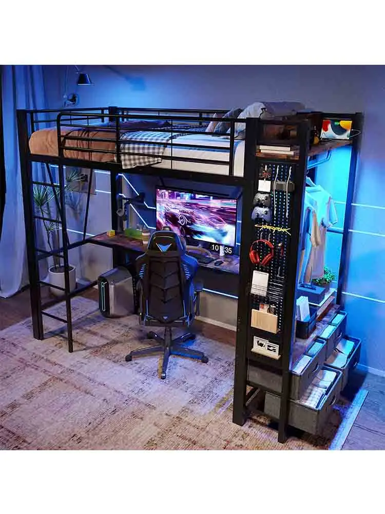 KOMHTOM Hochbett 90 x 200 cm, mit Schreibtisch, LED-Streifen, USB- und Typ-C-Anschlüssen, Wäscheständer, Regalen, 4 Schubladen, Leiter und Lochwand