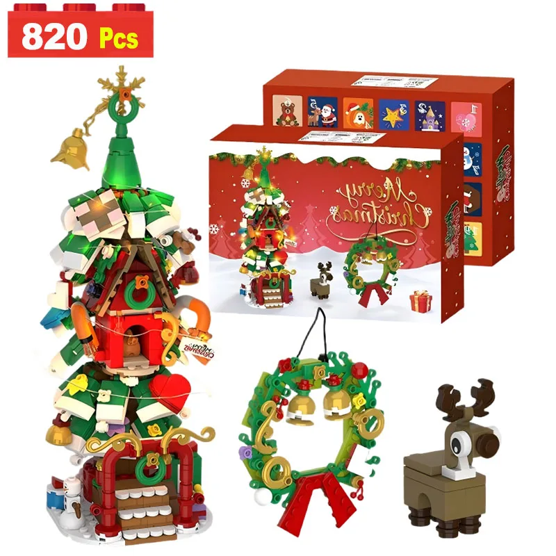 Bloques de construcción de la serie navideña MOC con luz LED, trineo, alce, modelo de árbol de Navidad, decoraciones, ladrillos para niños, juguetes de regalo, 820 Uds.