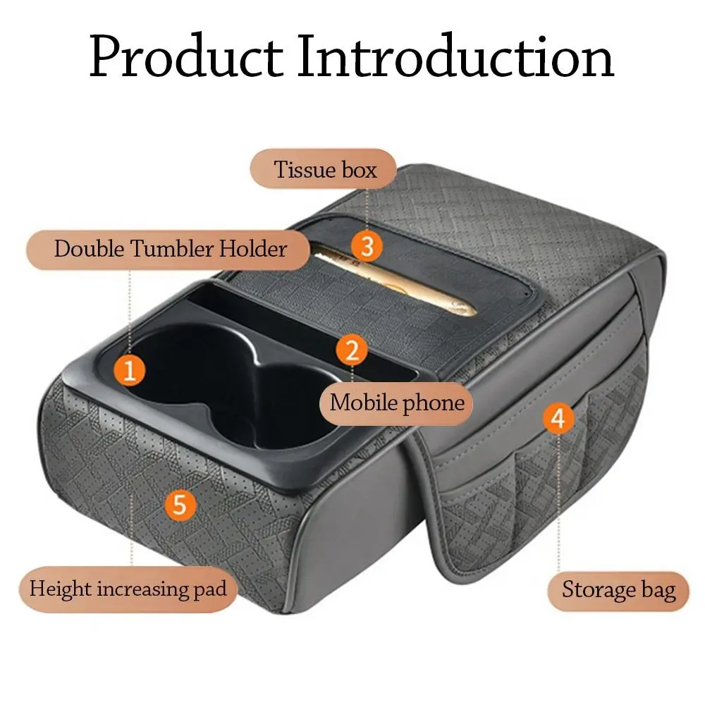 PU Leather Center Console Armrest Cushion Height Increasing Multifunctional Car Armrest Pillow with Cup Holder Car Organizer
