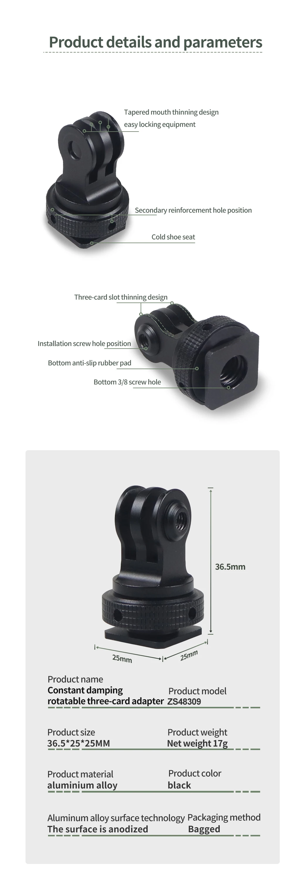 CNC 360 Schwenkbare Kaltschuh Basis Stativ Adapter Halterung für GoPro 13 12 11 DJI Action Kamera Käfig Monitor Lichter LED Halter Halterung – Detail 4