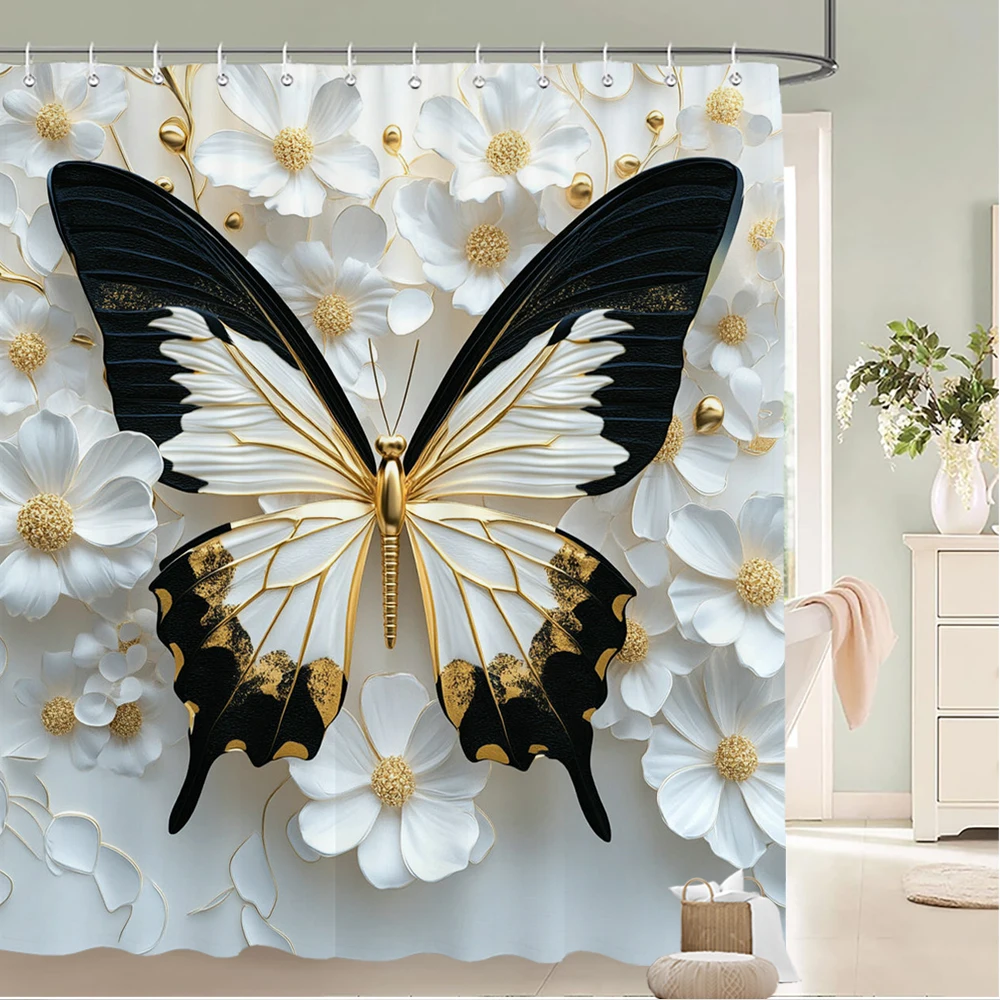 

3d Shower Curtain White butterfly Printed Polyester fabric Bathroom Curtain flowers Bath Screen Home Decoration Curtain