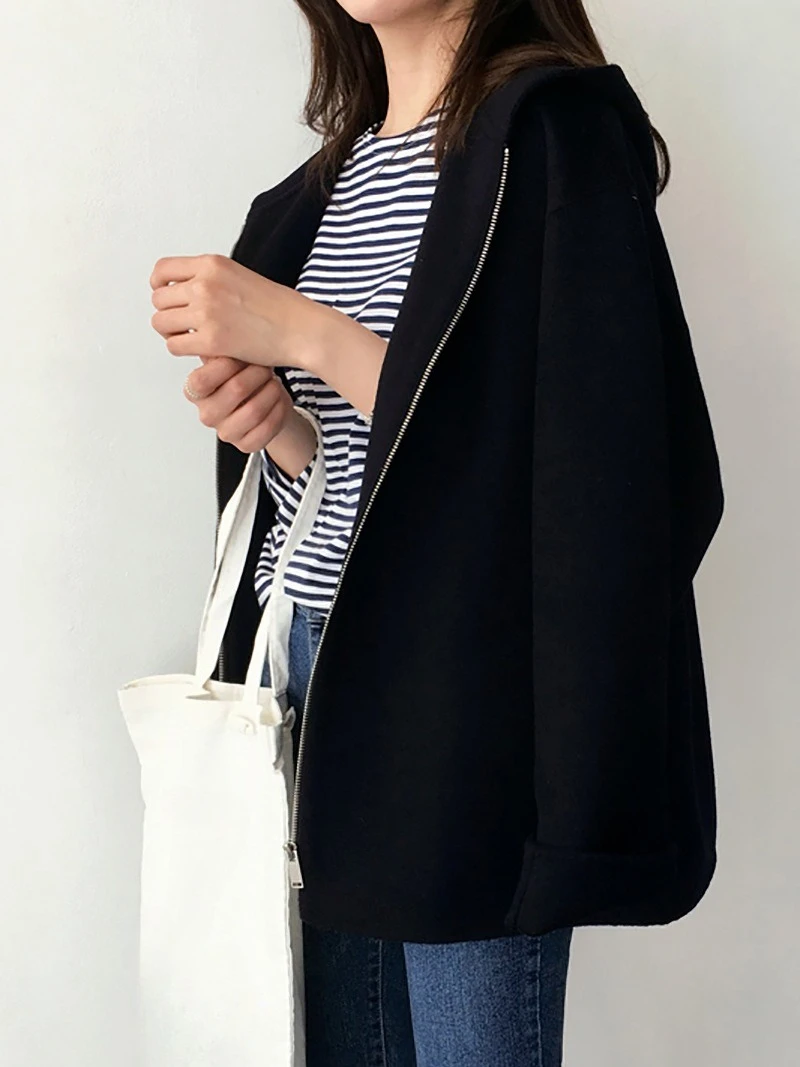 Hooded Woolen Coat Women Autumn Winter New Korean Edition Version Loose Solid Color Fashion Casual Wool Jacket  Streetwear