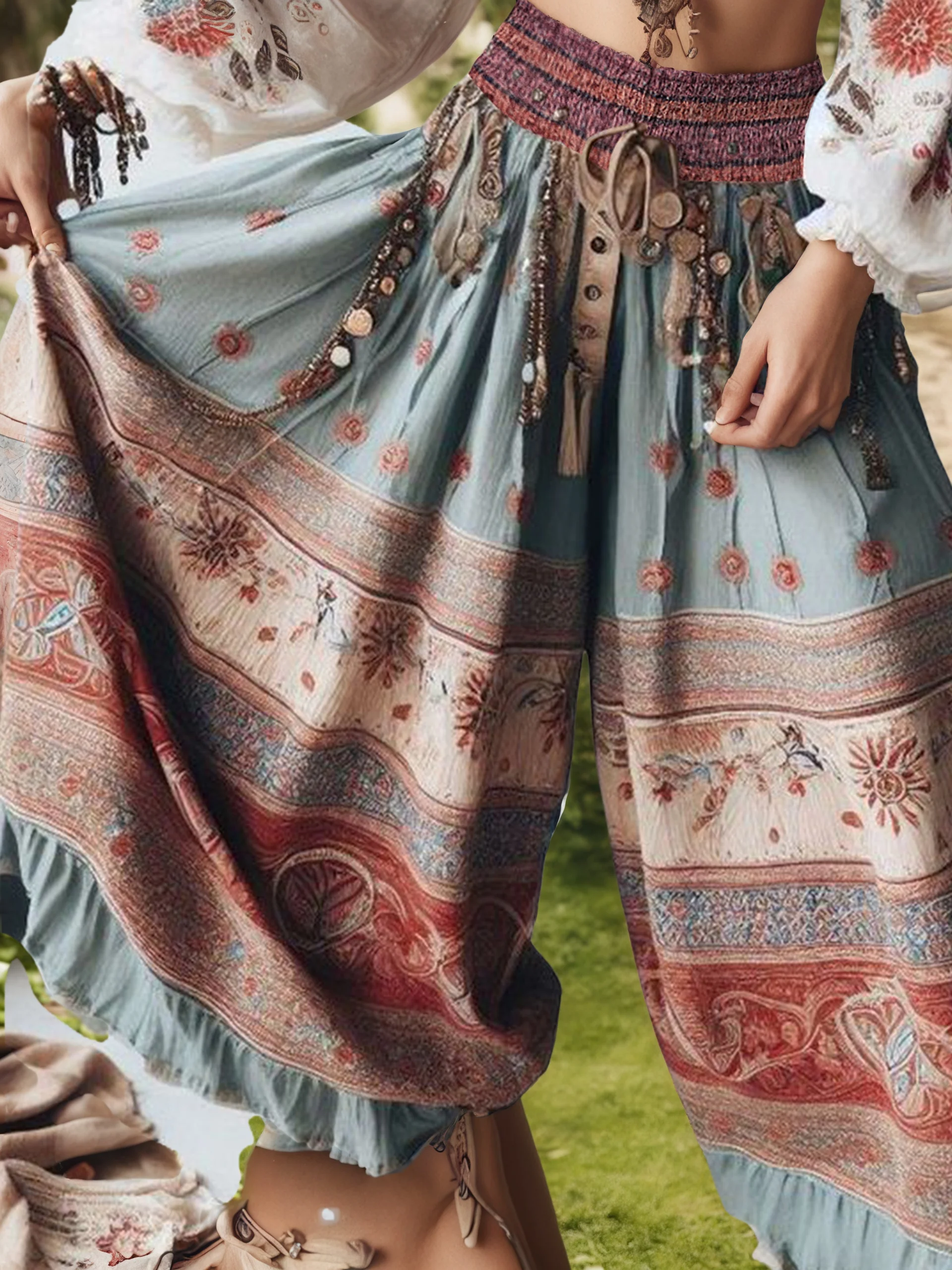 

Elegant Women's Trousers Classic Retro Bohemian Patchwork High Waist Wide Leg Trousers Sexy Fashion Layered Ruffled Trousers