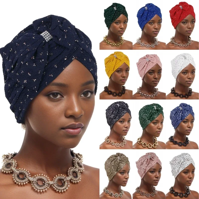 New Fashion Hot Staming Print Cap Women Wrap Hair Cap Muslim Turban Arab Africa Bow Elastic Pleat Bow Care Headwear