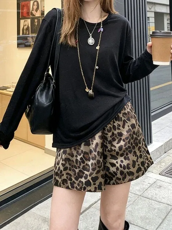 Ice Silk Leopard Print Wide Leg Shorts Women's Summer Thin Large Size Loose Slimming Small Size A-Line Hot Pants Casual Style