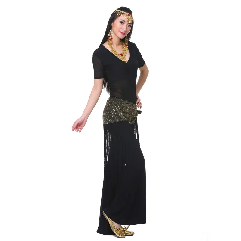 op maat gemaakte midden gerimpeld semi-transparant garen buikdanskostuums met korte mouwen oefenkleding set top + broek + tailleketting