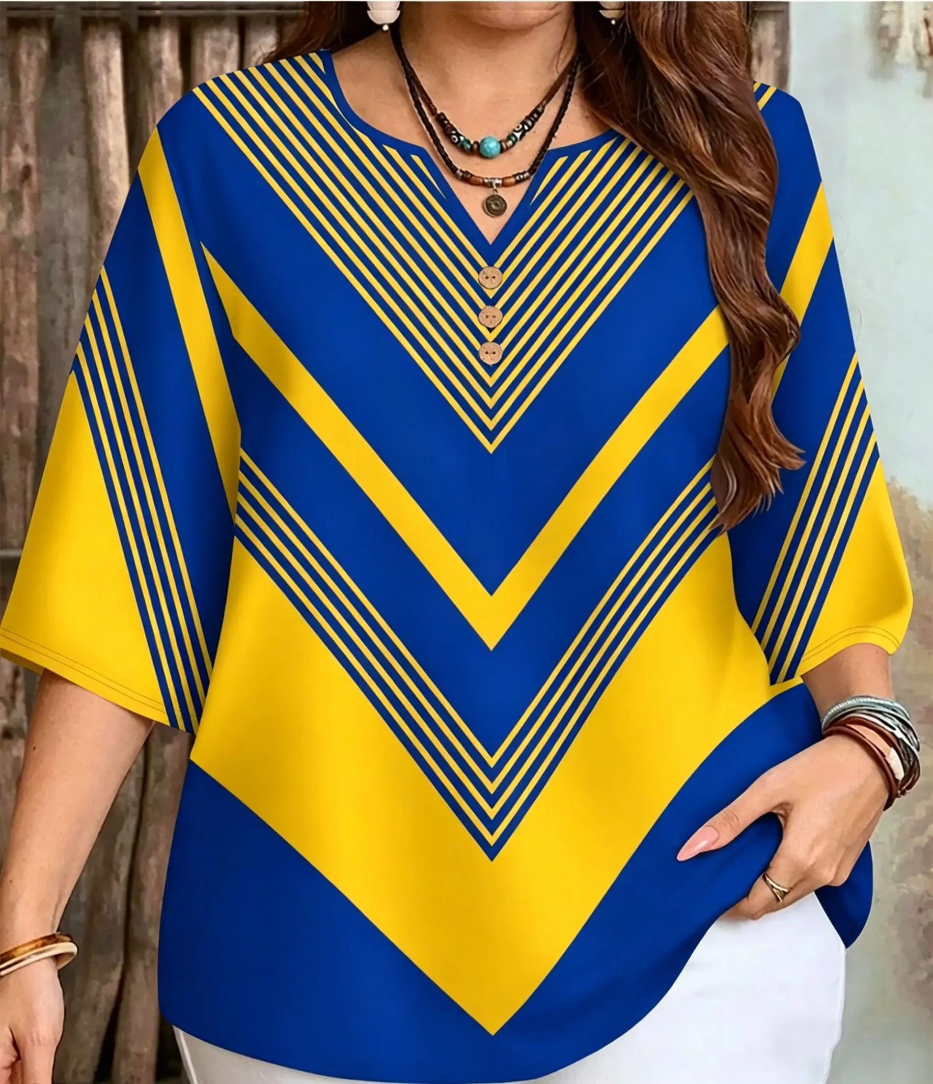Women Notch V Neck 3/4 Sleeve Blouse Geometric Stripe Abstract Plaid Color Block Size Loose Daily Tops