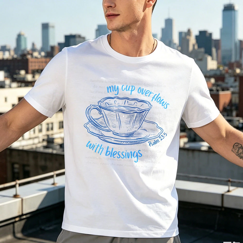 Psalm 23 My Cup Overflows Teacup Sketch Graphic Tshirt Women Blue Line Scripture Print Tee Coquette Christian Cotton Casual Tops