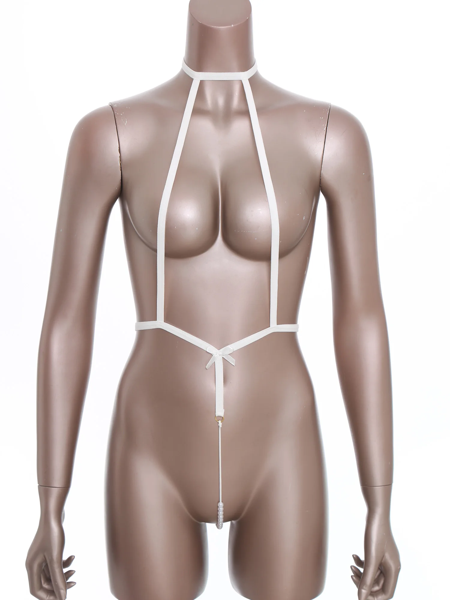 

Womens Elastic Strappy Bodysuit Lingerie Hollow Out Halter See Through Sling Leotard with Faux Pearly Beads One-piece Nightwear