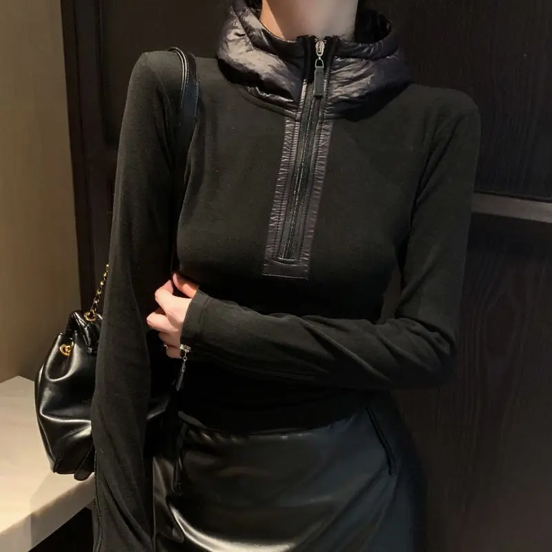 Niche Half Zipper Hooded T-shirt for Women Autumn Winter Soft Slim Fit Long Sleeved Bottom Shirt Cuff Half Zipper Collar Hoodie