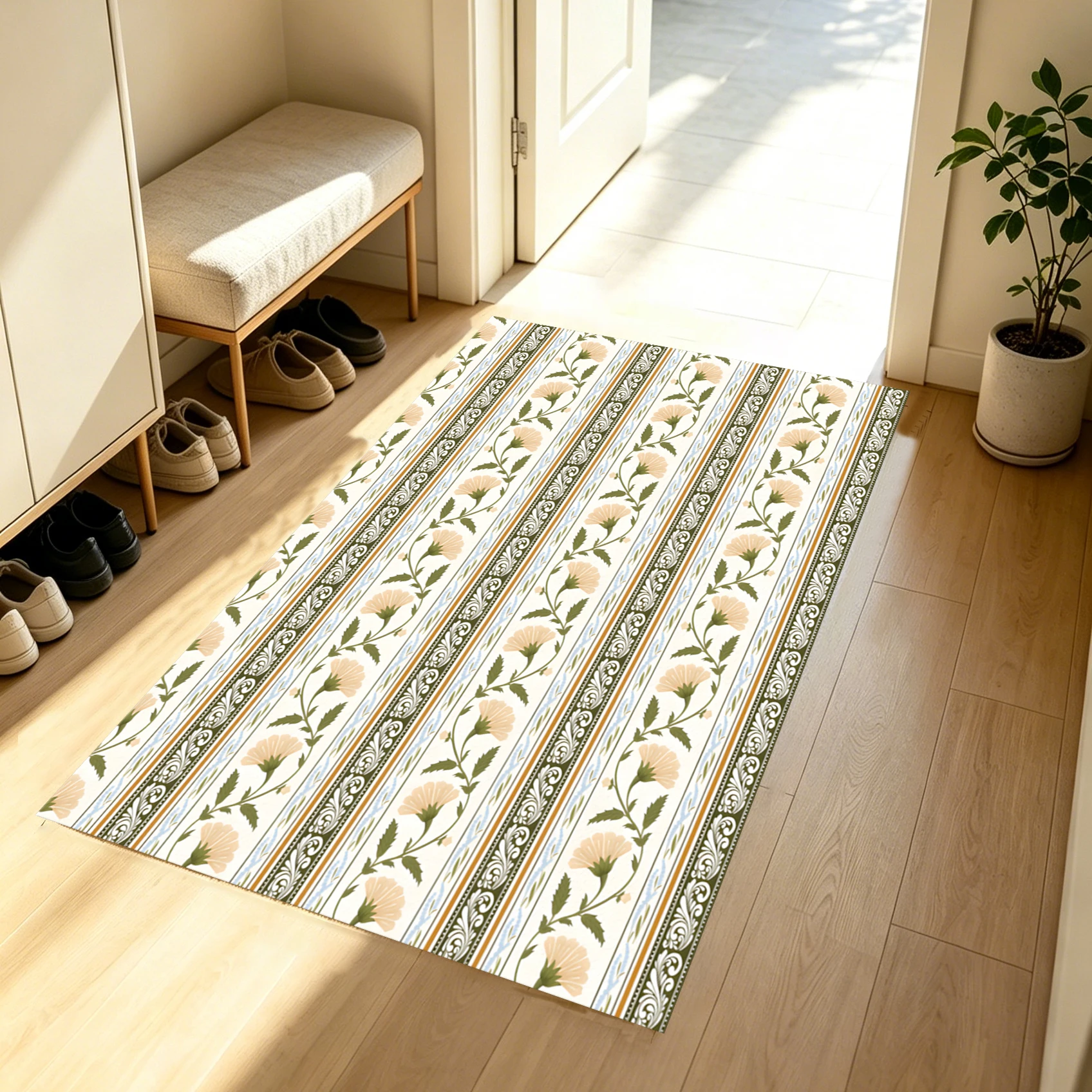 2D Large Carpet with Light Pink Floral Stripes, Retro French Style, Suitable for Living Room, Bedroom, and the Entire House, Instantly Refreshes Autumn and Winter Decor