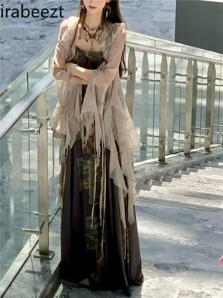 Chic Mesh Long Sleeve Cardigan Retro Chic Dress Two-piece Set Conjuntos Feminino Elegante Elegant 2piece Clothes Woman