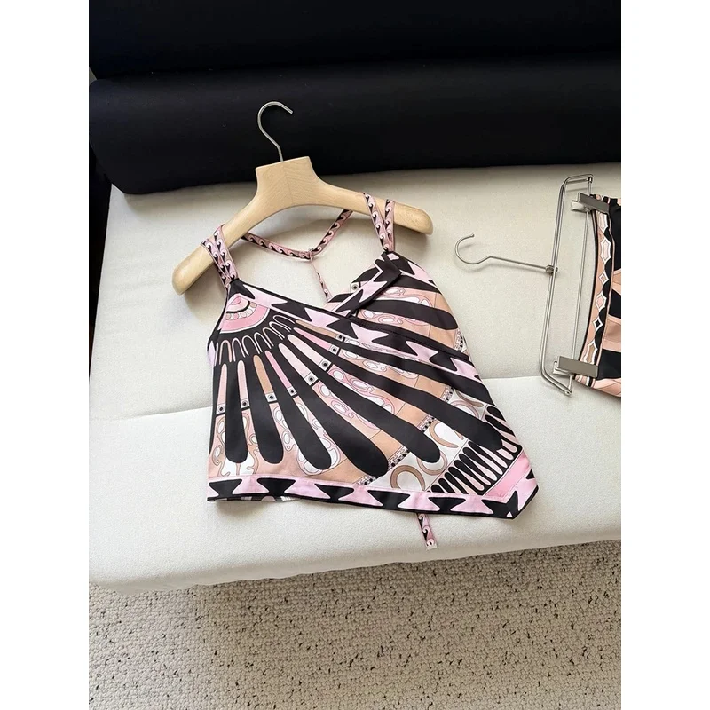 Summer Fashion Outdoors Tourism Geometric Print Asymmetrical Tops Women's Sexy Spaghetti Strap Strapless High Waist Slim Top