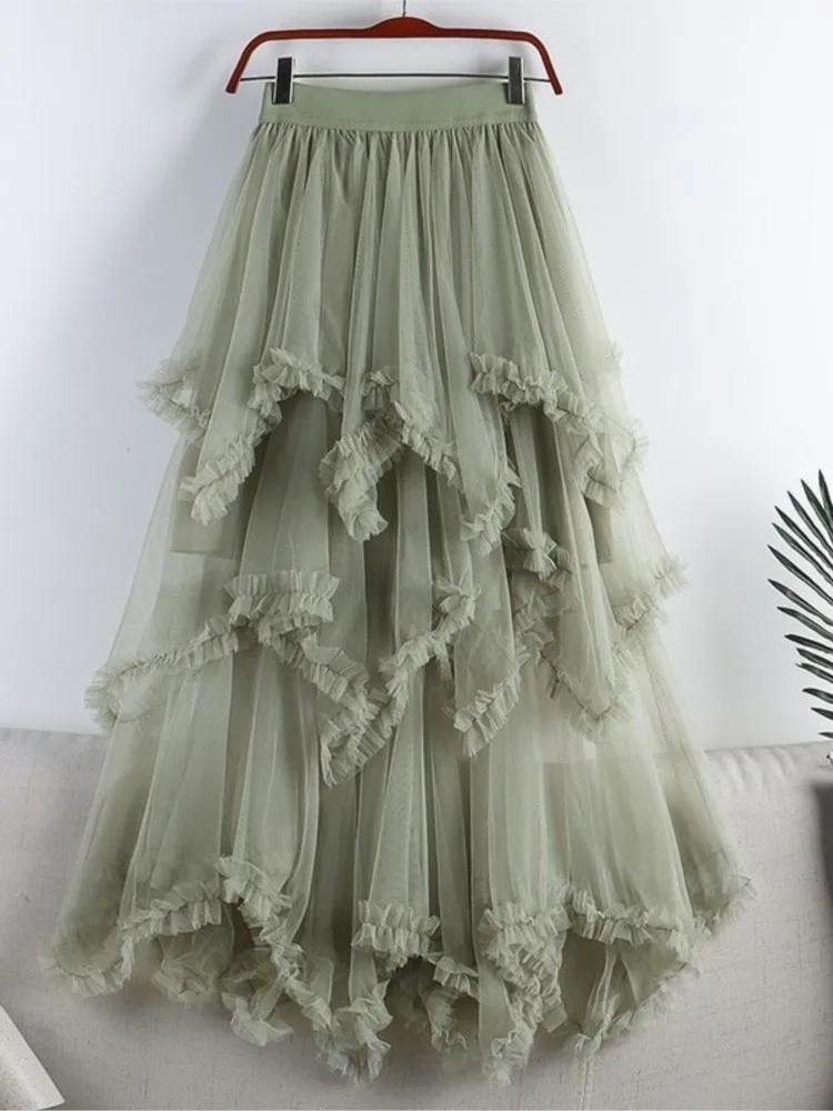 New Fashion Mesh Fungus Gonna di pizzo Donna Estate Elastico in vita Ombrello a due piani Gonne a trapezio Gonne femminili Swingy Ball Gown