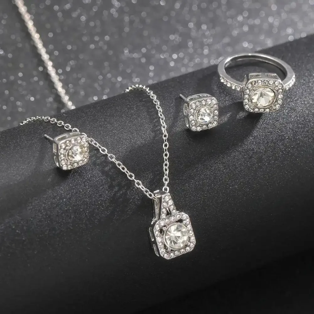 Luxury Ring Cube Jewelry Set Pendant Elegant Square Necklace Crystal Shiny Ear Studs Girls