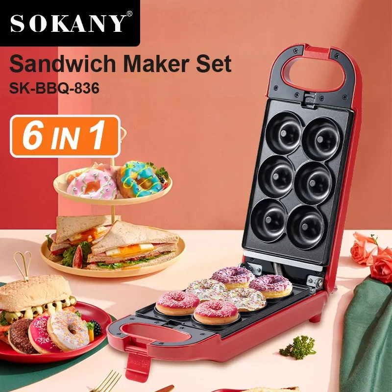 6-in-1 multifunction Sandwich Maker, Donut machine, pop cake Maker, Madeline bread, Egg tart, Deep-Fried Dough, Waffle Iron