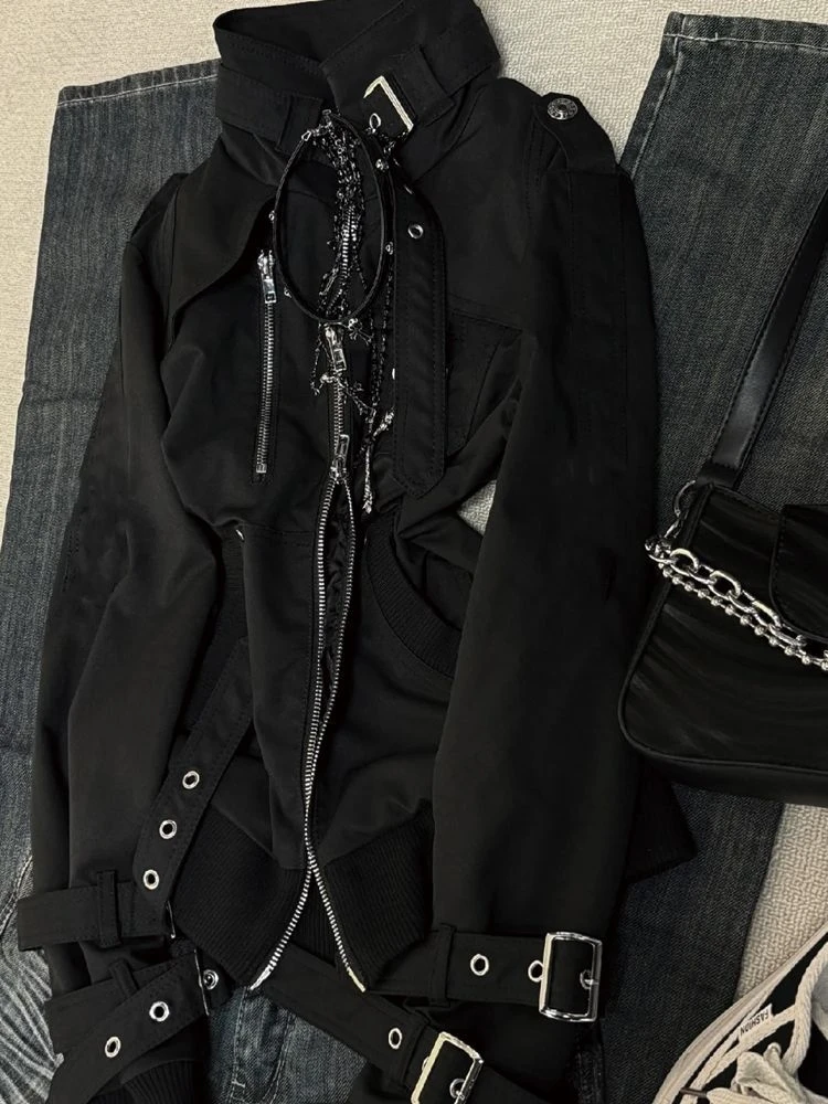 Japanese Vintage Waist Cinched Jacket Motorcycle Suit Subculture Autumn Gothic Hip hop Jacket Coats Femme Grunge Punk Jacket Top