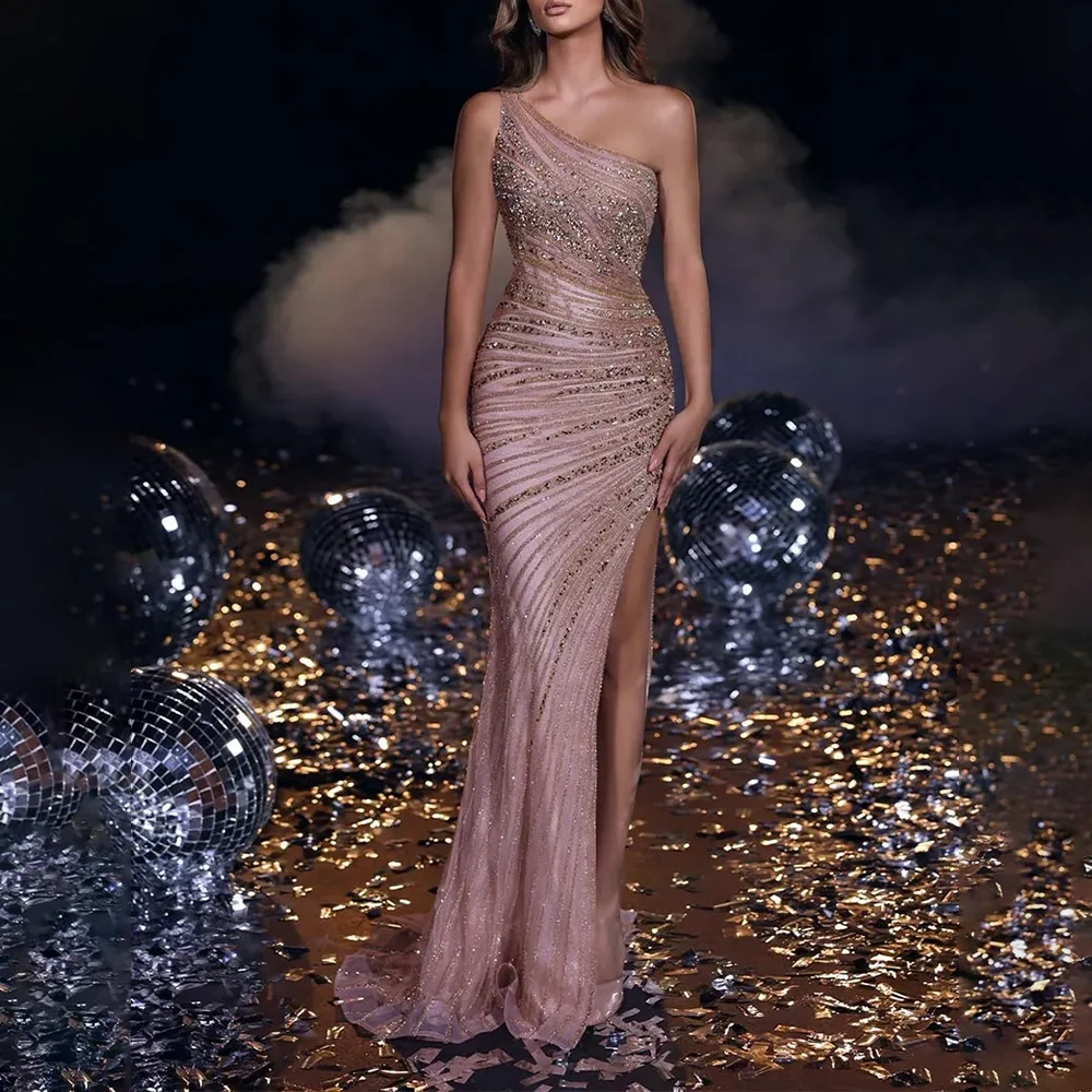 Abiti da sera squisiti con paillettes Abiti da ballo per feste formali Abiti da ballo da sera monospalla a tromba lunghi fino al pavimento personalizzati