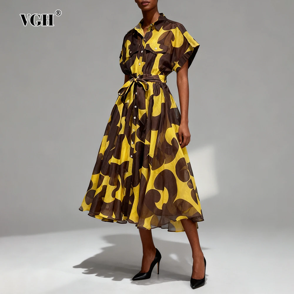 

VGH Design Sense Printing Draped Dresses For Women Lapel Short Sleeve High Waist Beach Style Casual Long Dress Female Fashion