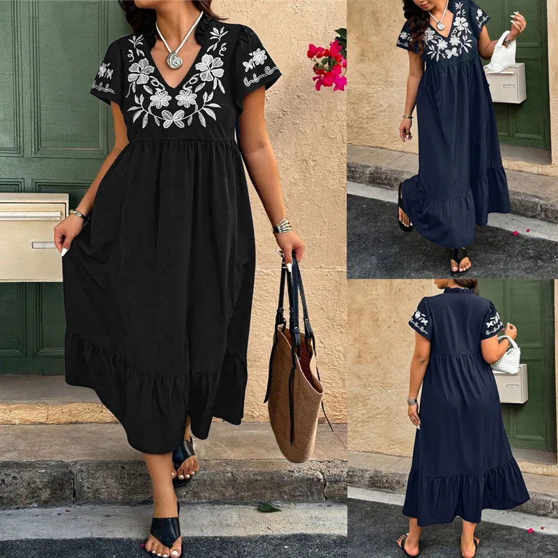 

Плюс-размер европейского и американского трансграничного цветочного вышивки, летнее темпераментное элегантное платье с короткими рукавами и v-образным вырезом