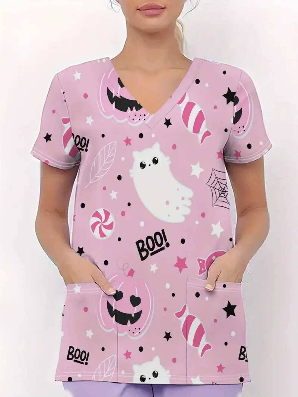 새로운 의료 유니폼 여성 할로윈 시리즈 인쇄 치과 의사 짧은 소매 임상 유니폼 패션 v 넥 여성 수술 스크럽 탑