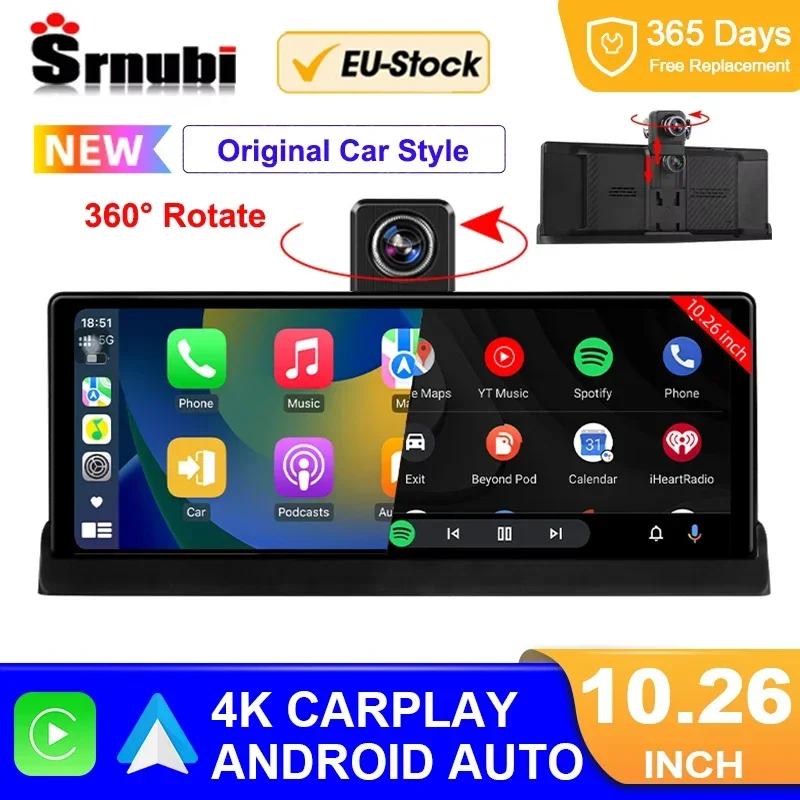 Srnubi 10,26" Dvr per auto 4K Carplay Android Auto 360 ° Registratore di guida per telecamera per camion Dashcam a doppia lente con rotazione WIFI FM BT