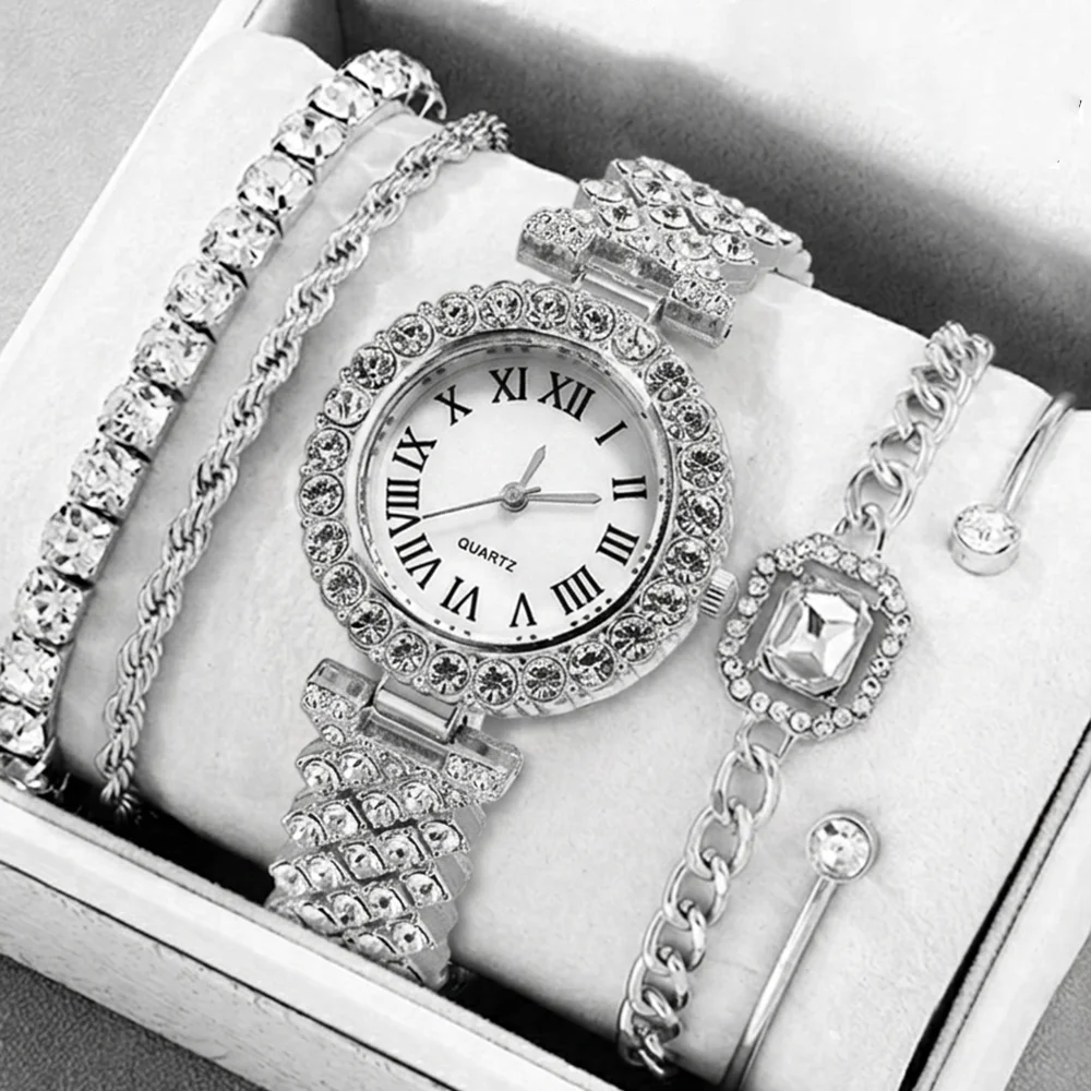 5Pcs/Set Unisex Jewelry Watches Women's Wristwatch Accessories Silver Trendy Fashionable Elegant Classic Exquisite Light Luxury Rhinestone Luxury Roman Numeral Dial Round Dial Quartz Watch Set Y2K Suitable for Daily Outfits Perfect Holiday Gift