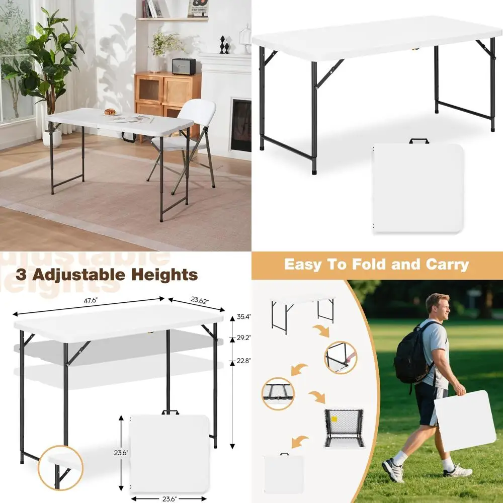 

Portable Adjustable Height Folding Table, 4ft HDPE Top & Steel Legs, Ideal for Outdoors, Parties, and Crafts, White