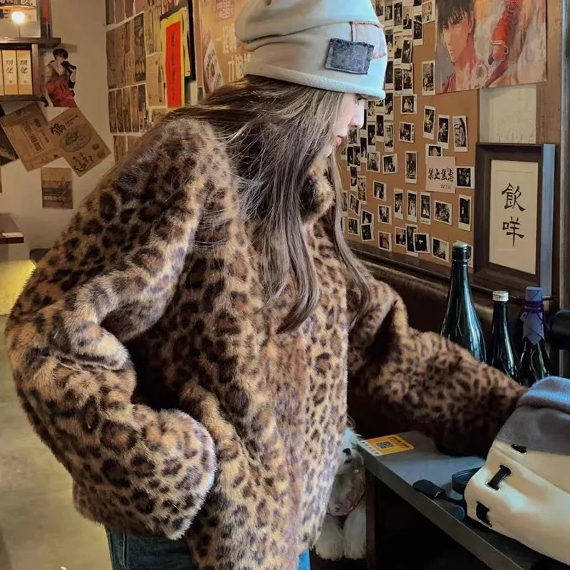Dámské kabáty z umělé kožešiny s leopardím vzorem, vintage Y2K streetwear, chlupatá bunda s dlouhým rukávem, fešák, podzimní a zimní svrchní oblečení - náhled 2