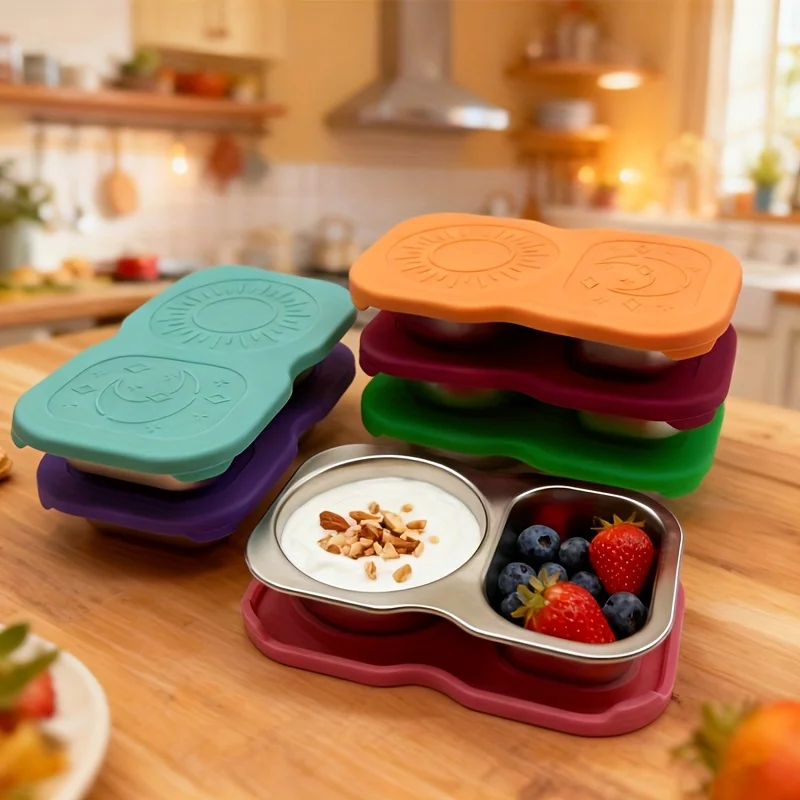 1pc Dipping Sauce Dish Stainless Steel Divided Dip Bowls Sauce Plate Picnic Seasoning Dipping Condiment Tray Snack Container view 3