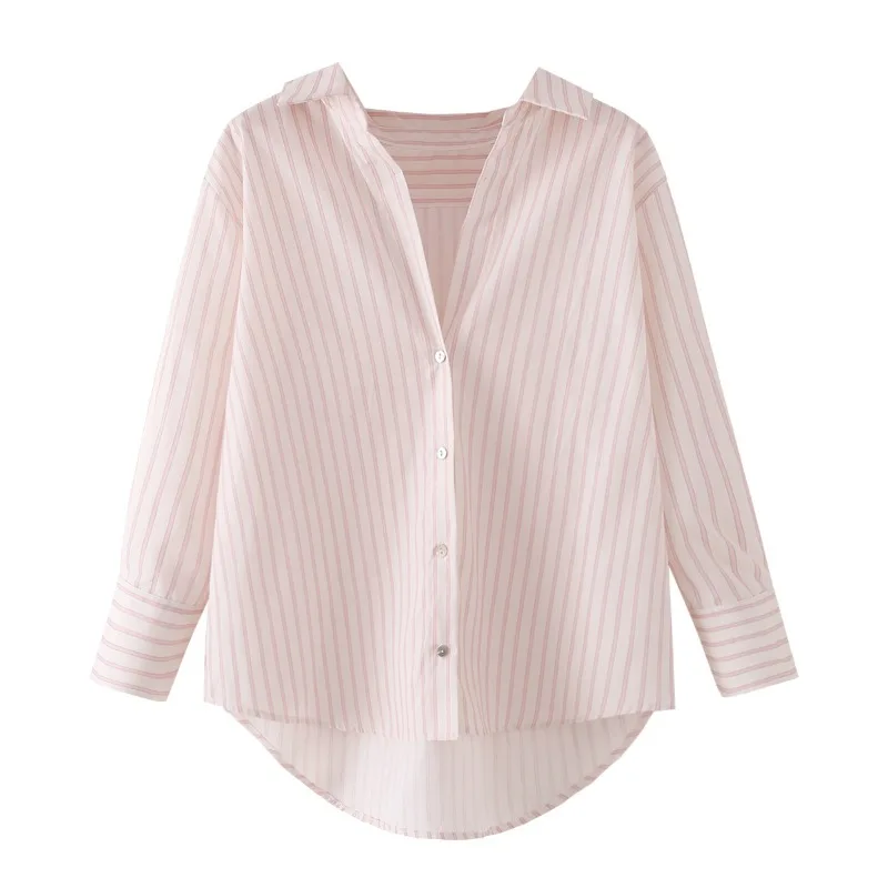 CHARMCHANT Women's Striped Shirt Summer 2026 Loose Oversized Lapel Long Sleeve Blouse Curved Hem Pocket Casual Office Top