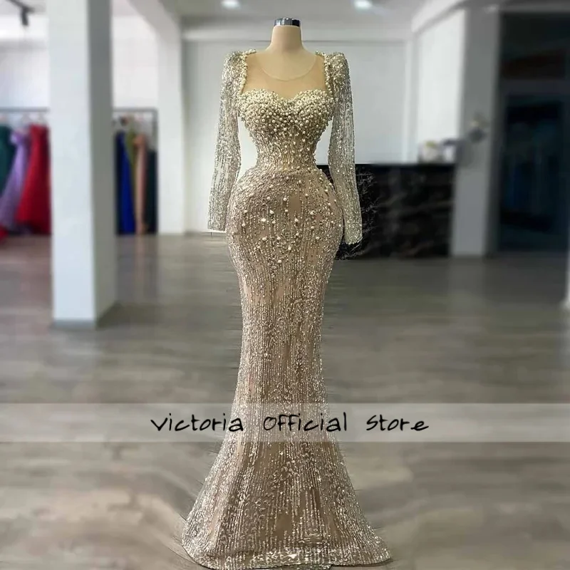 Prachtige avondjurken voor dames met kralen O-hals strass zeemeermin tule vestidos de fiesta op maat