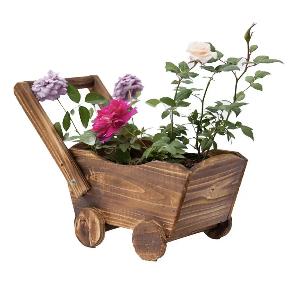 Vintage Flower Pot Handmade Wooden Cart Flower Pot with Drainage Hole Vintage Rustic Bonsai Planter Retro Wooden Plant for Home