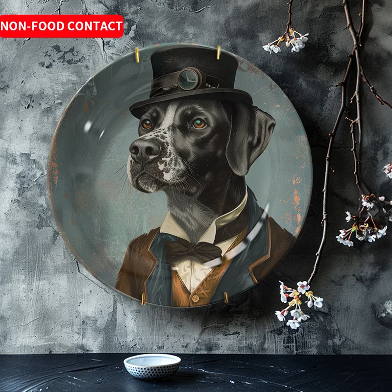 1pc Vintage Gentleman Dog Ceramic Decorative Plate, British Style Pet Theme Wall Hanging Creative Home Decor (Non-Food Contact)