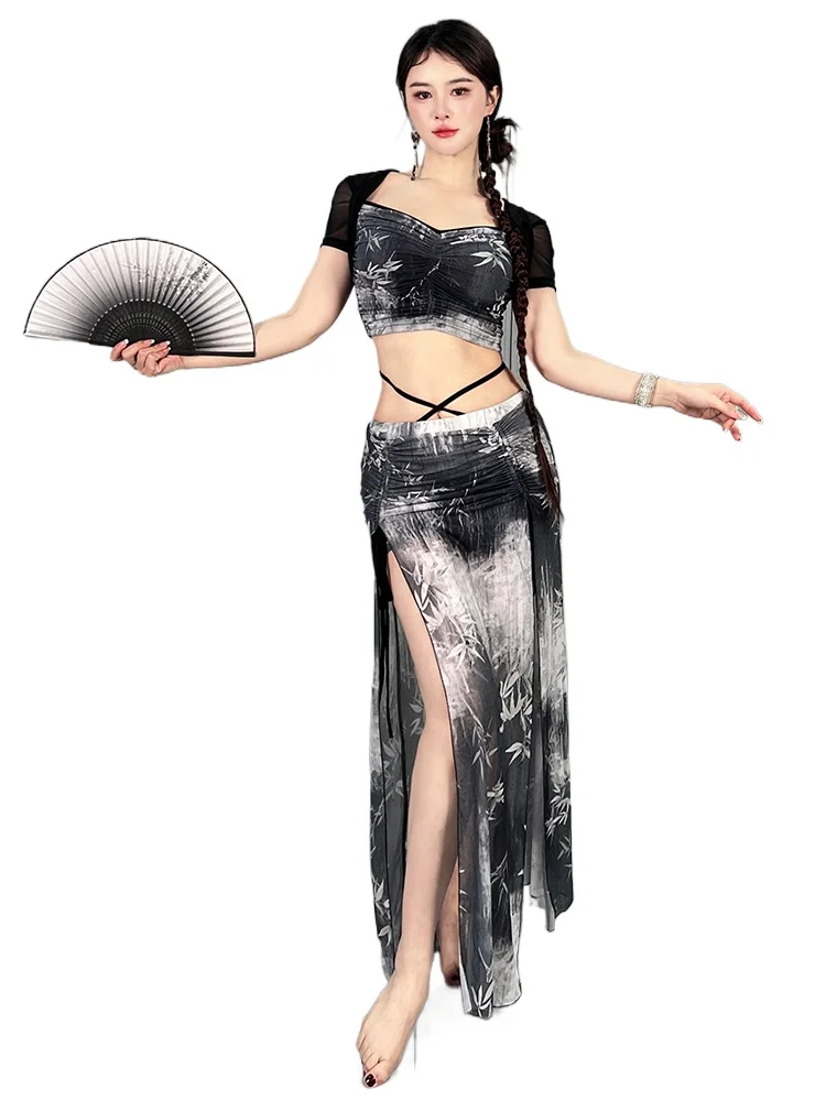 

2025 New Belly Dance Costume Ink Print Double Split Long Skirt Set Oriental Dance Performance Group Costume 1283