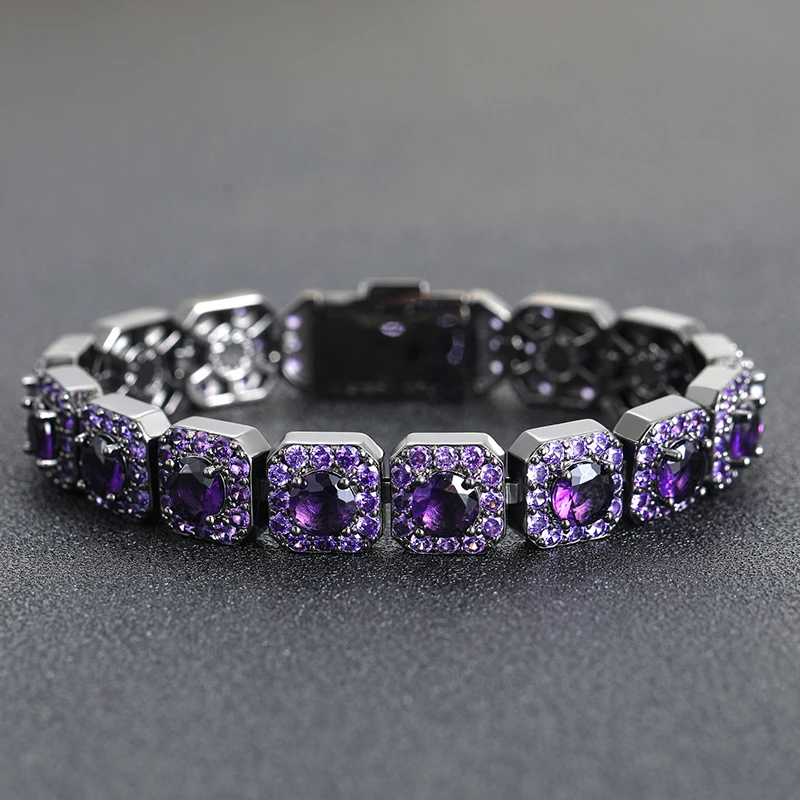 Hip Hop Purple CZ Stone Paved Bling Iced Out 12mm Tennis Chain Bracelets for Men Rapper Jewelry Black Color