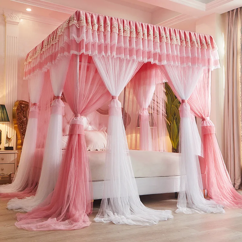 

Luxury Pink Square Unsupported Palace Style Mosquito Net With Double Layer Gauze Design Bedroom Shading Bed Curtain No Bracket
