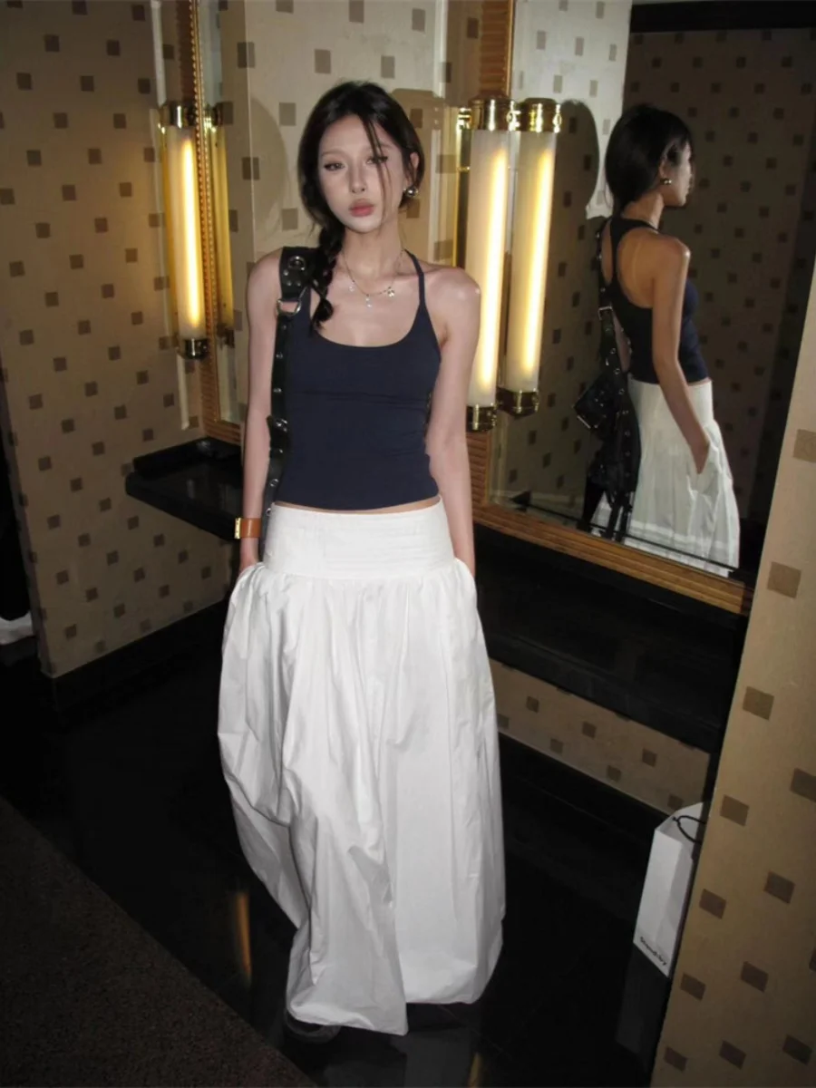 

Юбка-парус с низкой талией, плиссированная, с широким поясом, длинная, белая, простой дизайн, повседневная женская одежда