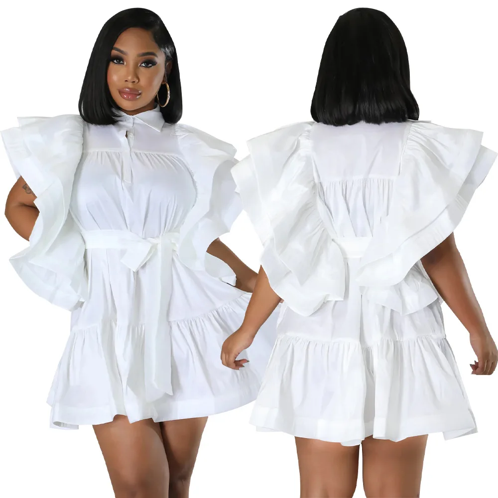 Women Ruffles Flare Clock Sleeve Turn-down Collar Front Button Smock Babydoll Big Swing Dresses 2024 INS Street Dress