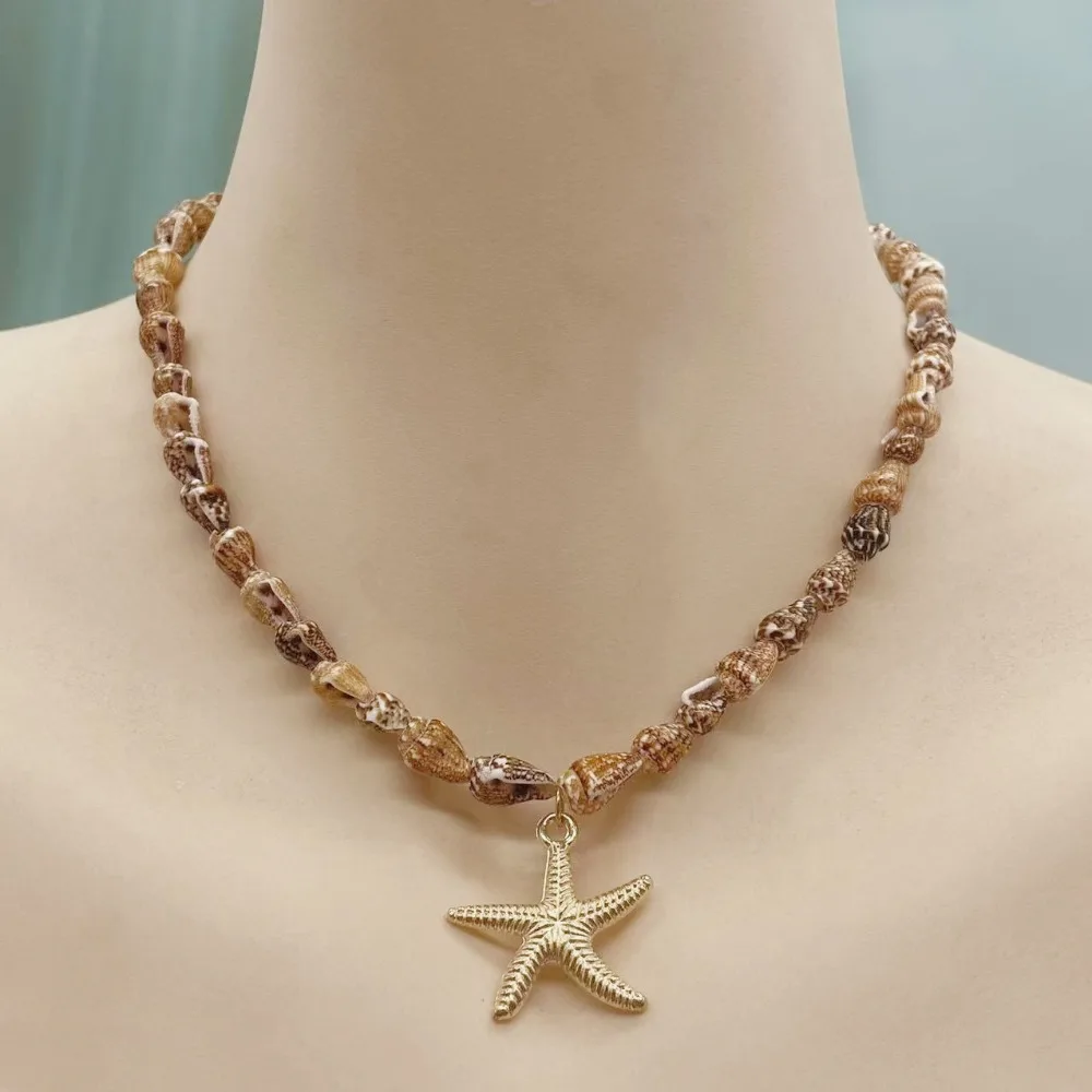 

Beach Style Natural Seashell Beaded Necklace Women Fashion Handmade Tropical Starfish Geometric Clavicle Chain Jewelry Holiday