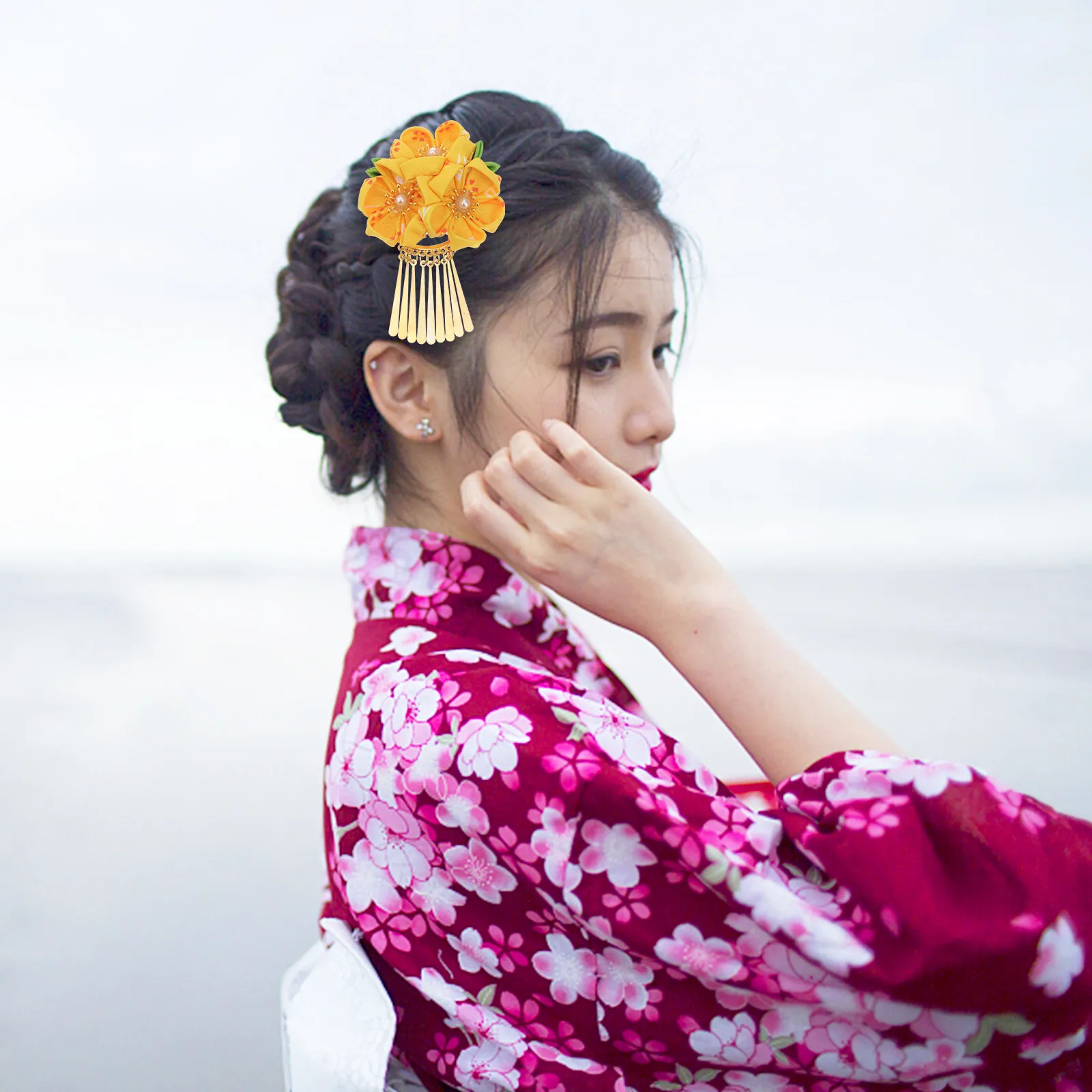 

Japanese Style Flower Hair Clips for Hanfu Kimono Traditional Dress Tassel Floral Hairpins Elegant Realistic Cloth Petals Party