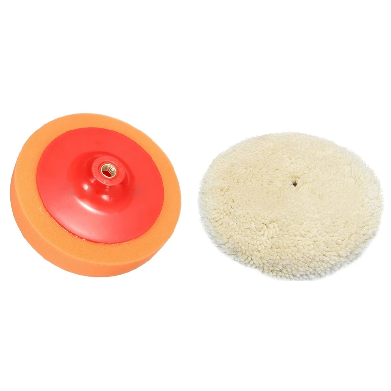 1 Pcs Car Polishing Buffing Head Mop Pad Soft Sponge With M14 Thread & 1 Pcs Soft Wool Clean Polishing Buffing Bonnet Pad For Ca