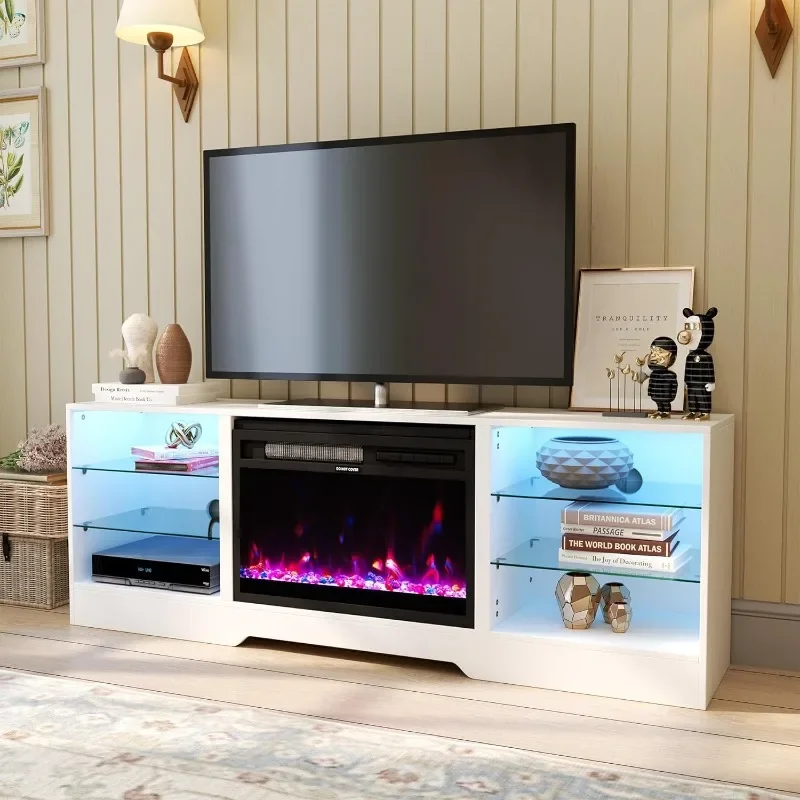 Fireplace TV Stand, LED Light Entertainment Center, Modern Wood Texture Entertainment Electric Fireplace with Highlight Cabinet