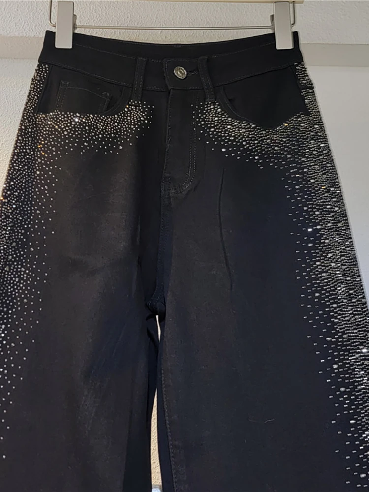 DEAT Jeans da donna a vita alta lato nero stampa a caldo strass pantaloni larghi dritti a gamba larga in denim 2025 primavera nuova moda